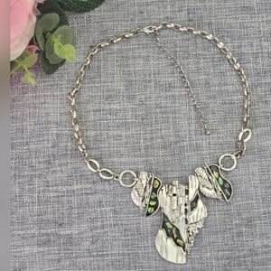 Vintage Silver Tone Asimetrical Necklace Pendant Abalone Handmade